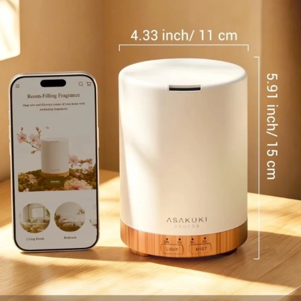 Essential Oil Diffuser White Wood Grain 300ml Aroma Humidifier ASAKUKI